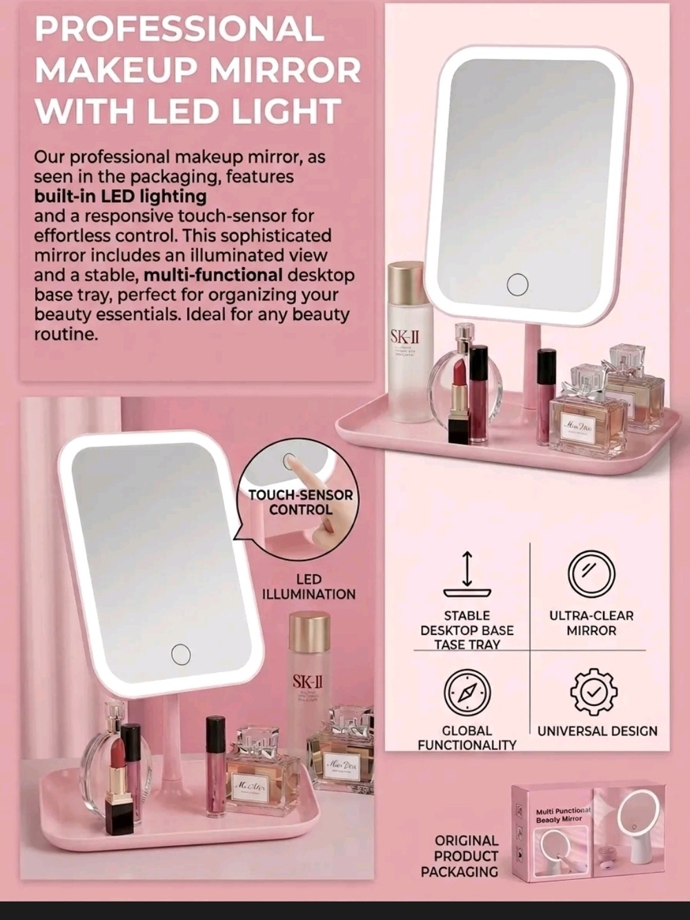 LED Touch-Sensor Makeup Mirror with Desktop Tray - Pink